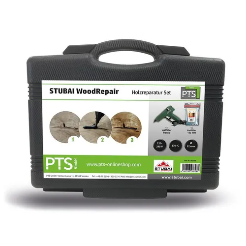 STUBAI WoodRepair Holzreparatur Satz BASIC - Holzkitt Set mit 80W Astfüller-Pistole und Mix 1 in praktischem Koffer. Ideal für Heimwerker und Profis zur einfachen Reparatur von Holzschäden.