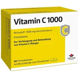 Vitamin C 1000 Filmtabletten - Hochdosierte Filmtabletten mit 1000 mg Vitamin C für eine einfache tägliche Einnahme. Teilbar und leicht zu schlucken, ideal zur Unterstützung der täglichen Vitamin-C-Zufuhr.