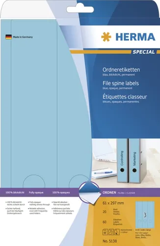 Herma 5138 blickdicht blau Ordneretiketten 6.1x29.7 cm (20 Blatt (60 Etiketten))