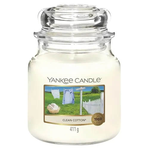 Yankee Candle® Clean Cotton Duftkerze Mittleres Glas 411g - Kerzen mit frischem Clean Cotton Duft, ideal für ein angenehmes Raumklima. Brenndauer von über 5 Stunden für langanhaltenden Genuss.