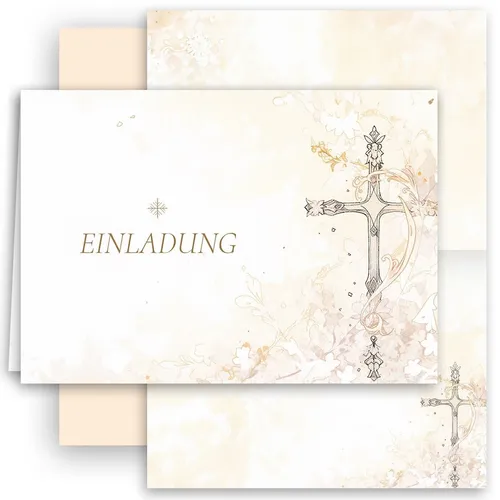 Einladungskarten Set "Göttliche Momente" +Umschläg Kreuz Taufe Firmung Gold 10