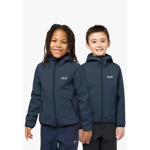 Jack Wolfskin Softshelljacke "Fourwinds" in Dunkelblau - 92 - Leichte Softshelljacke für Outdoor-Aktivitäten, wasserabweisend und winddicht. Mit elastischer Kapuze und Kinnschutz für optimalen Tragekomfort.