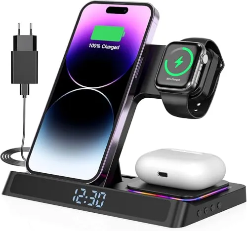 4 in 1 Ladestation für iPhone und Watch - Kabelloses Ladegerät 15W - Kabelloses Qi-Ladegerät für iPhone 16-5, Watch 9-4 und AirPods Pro, mit Überhitzungsschutz und schnellem Laden für sichere Nutzung.