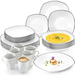 Sänger Geschirrset 24-teilig, Porzellan mit schwarzem Rand - Entdecken Sie das elegante 24-teilige Geschirrset von Sänger. Aus feinem Porzellan gefertigt, vereint es modernes Design mit Alltagstauglichkeit – spülmaschinen- und mikrowellengeeignet für mühelose Pflege.