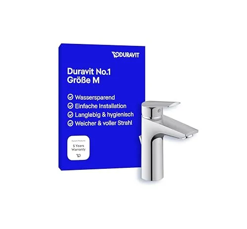 Duravit No.1 Waschtischarmatur, Größe M (Auslauf Höhe 117 mm), Wasserhahn Bad mit Zugstangen-Ablaufgarnitur, wassersparende Waschbecken Armatur (MinusFlow), Chrom