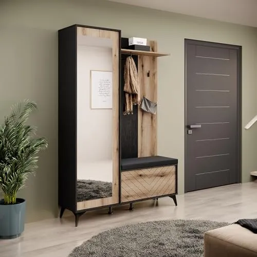 Lomadox Garderobe Kombination Set – Moderne Flurmöbel mit Sitzbank und Spiegel - Elegante Garderoben Kombination in Schwarz mit warmer Eiche, ausgestattet mit griffloser Push-to-Open-Funktion und stabilen Metallfüßen. Ideal für einen stilvollen Eingangsbereich.