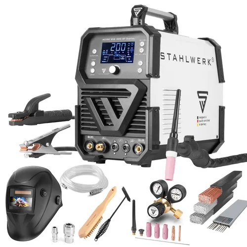 STAHLWERK Schutzgasschweißgerät AC/DC WIG 200 ST Digital - Vollausgestattetes Kombischweißgerät für WIG & MMA, ideal für Stahl, Edelstahl und Aluminium. Hohe Leistung von 200 A mit 7 Jahren Garantie.