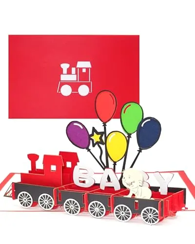 Pop Up Karte zur Geburt - 3D Geburtskarte „Baby Eisenbahn“ - Babykarte Mädchen & Junge - Glückwunschkarte zum 1. Geburtstag mit Umschlag