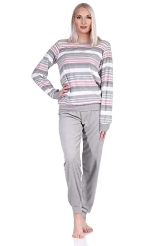 Eleganter Damen Frottee Pyjama Langarm Schlafanzug mit Bündchen in Streifenoptik - Größe 48-50, Farbe: grau - Kuscheliger Frottee-Pyjama für die kalte Jahreszeit. Mit eleganter Streifenoptik und Bündchen für optimalen Sitz. Hergestellt aus 60% Baumwolle, angenehm weich und schadstoffgeprüft. Ideal für gemütliche Nächte.