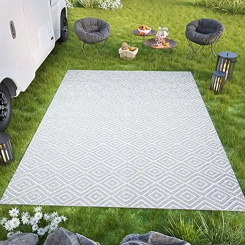 TAPISO Ibiza Teppich Outdoor Zweiseitig Wendbar Wasserdicht Resistent Geometrisch Figuren Diamanten Hellgrau Picknick Strand Garten ÖKO-TEX 150 x 240 cm