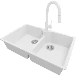 PRIMAGRAN Granitspüle Weiß 78x50cm - Doppelbecken mit Küchenarmatur und Ablauf-Set - Hochwertige Granitspüle Madrid 80 Twin mit zwei Becken, ideal für Unterschränke ab 80 cm. Widerstandsfähig gegen Kratzer und Stöße, bietet sie viel Platz für großes Geschirr und erleichtert die Küchenarbeit.