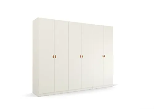 Drehtürenschrank RAUCH "Homey by Quadra Spin" in Alpinweiß - Kleiderschrank mit 6 Drehtüren, variablen Einlegeböden und eleganten Grifflaschen aus cognacbraunem Leder – ideal für stilvolle Ordnung im Schlafzimmer.