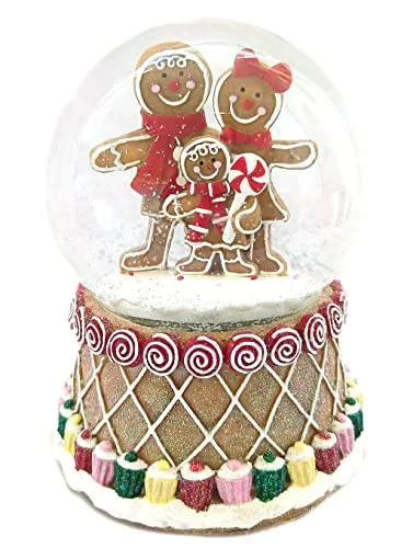 Schneekugel mit Lebkuchenfiguren als Spieluhr und bunt verziertem Sockel mit Musik, Licht und Schneeantrieb, batteriebetrieben, Kugeldurchmesser: 100mm, Höhe: 14cm, Lied: „Jingle Bells“