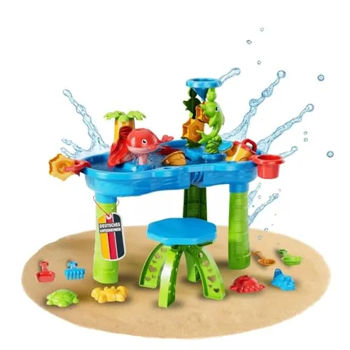 Coemo Sand- und Wasserspieltisch NARIUS L, 1 Hocker, Wassertisch Kinder Outdoor für Wasserspiele draußen, Balkon und Garten, Matschtisch mit Sandkastenspielzeug, Eimer, Schaufel, Gießkanne, Wasserrad