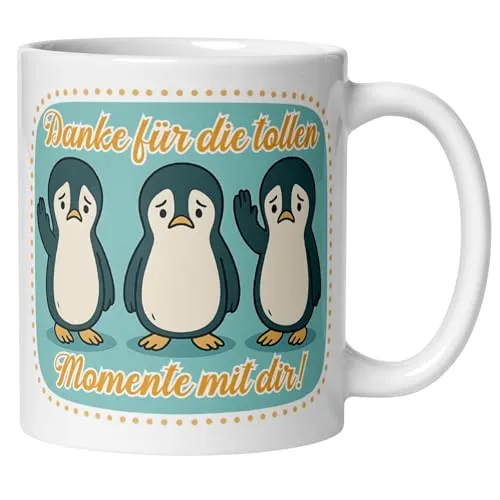 Abschied Tasse | Abschiedstasse Kollegin Kollege | Pinguine & Spruch – Danke für die tollen Momente mit dir | Lustiges Abschiedsgeschenk Jobwechsel Büro | Geschenk Abschied Neuanfang Jobwechsel