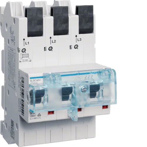 Hager HTS363C SLS-Schalter 3P Cs-63A - SLS-Schalter 3-polig mit Cs-Charakteristik, ideal für Sammelschienenmontage. Bietet Multifunktionsverschluss für Sicherheit und einfache Installation.