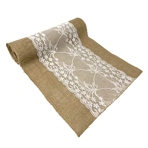 Oblique Unique® Jute Tischläufer mit Spitze Tischband Tisch Läufer Naturfarben 270 cm x 30 cm Tischdeko für Geburtstag Party Hochzeit Garten Party Deko