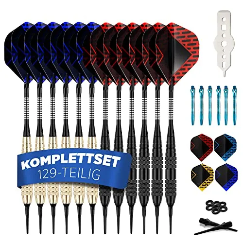 DartPro Dartpfeile Set – 12 Softdarts mit Kunststoffspitze und Zubehör - Umfassendes Dart Set mit 12 langlebigen Soft-Dartpfeilen, 6 Alu Schäften, 21 Flights und viel Zubehör. Ideal für Anfänger und Profis, bietet hervorragende Wurfpräzision und Spielspaß!