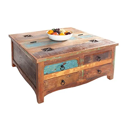 Invicta INTERIOR Couchtisch Jakarta 70cm - Massiver Wohnzimmertisch aus recycelten Fischerbooten mit viel Stauraum und vier Schubladen – ein einzigartiges Unikat für dein Zuhause!