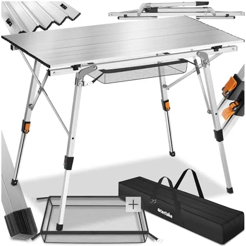 tectake® Campingtisch aus Aluminium - Faltbar, Höhenverstellbar, Wetterfest, 90 x 52 cm - Camping-Möbel: Der vielseitige tectake Campingtisch ist leicht, stabil und wetterfest. Ideal für Camping, Picknicks oder Garten, mit höhenverstellbaren Beinen und praktischem Aufbewahrungsnetz.