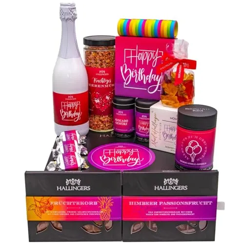 Hallingers Genuss Manufaktur Feinkost Geburtstagsgeschenk-Set - XXL-Geschenkkorb "Happy birthday ..." großer Geburtstagsgruß Sekt, Pralinen, Nougat, Müsli Duftkerze & viel mehr, Geschenke für Frauen