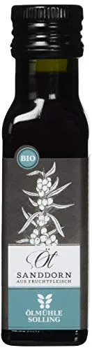 Ölmühle Solling Sanddornöl - Natives Fruchtfleischöl 100ml BIO - Premium BIO-Speiseöl aus kaltgepresstem Sanddornfruchtfleisch, reich an Vitaminen und ideal für Hautpflege sowie Anti-Aging. Vielseitig einsetzbar für Genuss und Schönheit.