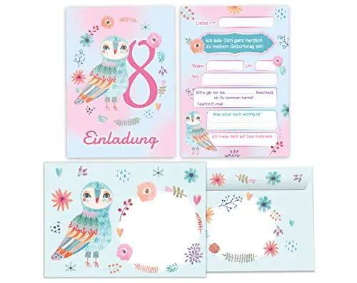 Junapack 12 Einladungskarten incl. 12 Umschläge zum 8. Kindergeburtstag Einladung zum achten Geburtstag Mädchen Eule