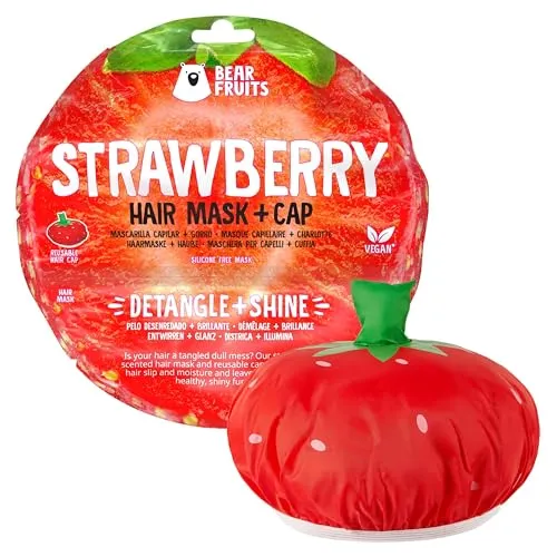 Bear Fruits Strawberry Entwirren + Glanz Haarmaske mit wiederverwendbarer Haube, 20 ml