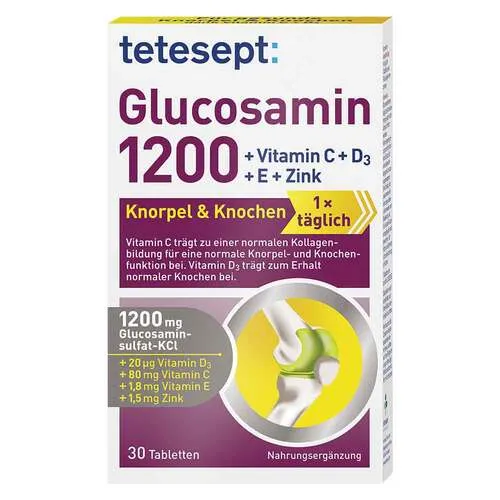 Tetesept Glucosamin 1200 Filmtabletten - Nahrungsergänzungsmittel für gesunde Gelenke mit 1200 mg Glucosaminsulfat, hochdosiertem Vitamin D3 und C zur Unterstützung der Knochen- und Muskelfunktion.