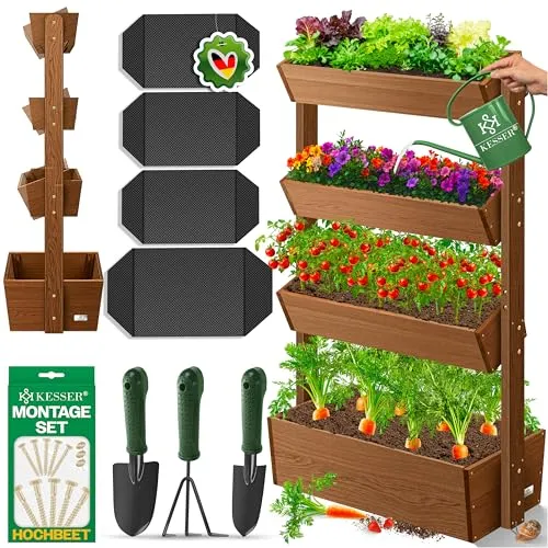KESSER Hochbeet mit 4 Etagen, Premium Blumenkasten - Hochbeet in Braun, 4 Etagen für platzsparendes Gärtnern, ideal für Balkone und kleine Gärten.