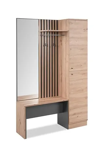 Kompaktgarderobe Harmony - Garderobe mit Spiegel, Paneel, Bank und Schrank, Maße: B: 122 cm, H: 190 cm, T: 37 cm, zeitlose Farbkombination und hochwertige Materialien für langlebige Nutzung.