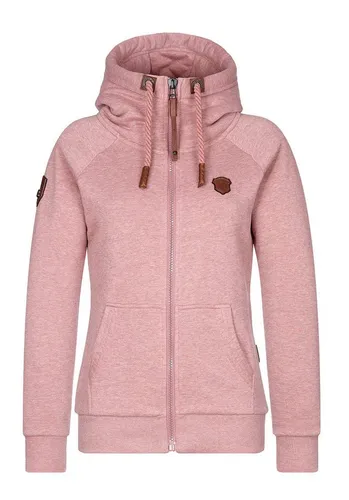 Naketano Damen Sweatjacke in schmutzmuschi pink-melange - Kapuzenpullover für Damen mit Kordelzug, praktischer Kängurutasche und stylischen Kunstleder-Applikationen für einen modischen Look.