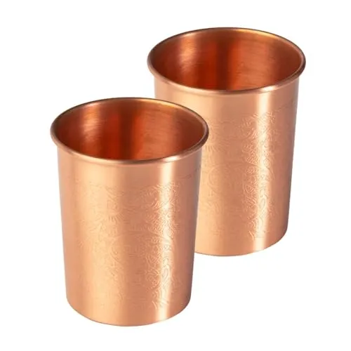 Bodhi Kupferbecher 2er Set | Ayurveda Trinkbecher aus reinem Kupfer | Trinkbecher mit 250 ml Volumen | Wasser Becher mit Design Veredelung | Langlebige Metallbecher | Ornaments