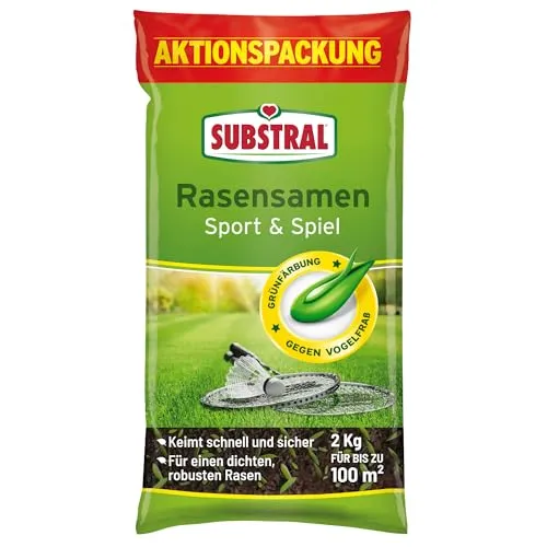 Substral Rasensamen Sport und Spiel 2kg - Strapazierfähige Rasensaat-Mischung mit Vogelfraßschutz und schneller Keimung ab 6°C, ideal für belastbare Rasenflächen.