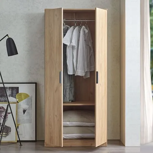 [en.casa] Kleiderschrank Eiselfing mit 2 Türen - Kleiderschrank in Eicheoptik mit durchdachter Innenaufteilung – viel Stauraum für Kleidung und Accessoires, ideal für Schlafzimmer, Flur oder Ankleidezimmer.
