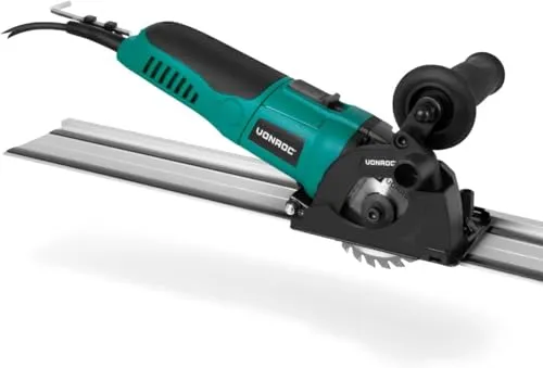 VONROC Mini Kreissäge elektrisch [500W] - Präzise Handkreissäge mit Führungsschiene - Sägen: Mini Handkreissäge mit variablem Drehzahlregler für exakte Schnitte in Holz, Aluminium und Kunststoff – inklusive Führungsschiene und 3 Sägeblättern für perfekte Ergebnisse.