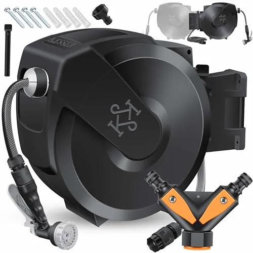 KESSER Gartenschlauch Wasserschlauchtrommel mit 180° Schwenkmechanismus - Gartenschläuche mit automatischer Aufrollung und ergonomischer 7-Funktionen-Power-Handbrause für müheloses Bewässern und maximale Bewegungsfreiheit im Garten.