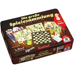 Schmidt Spiele - Die große Spielesammlung in Metalldose - Gesellschaftsspiele - Vielseitige Spielesammlung mit 57 Spielfiguren, 30 Damesteinen und 32 Schachfiguren, ideal für spannende Spieleabende mit Familie und Freunden.
