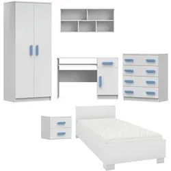 Deine Möbel 24 Kinderzimmer-Set Inge – Modernes Design in Weiß und Blau - Vielseitiges Kinderzimmer-Set mit Holzgriffen in verschiedenen Farben. Hochwertige Laminatplatten sorgen für Langlebigkeit und Widerstandsfähigkeit. Ideal für individuelle Raumgestaltungen.