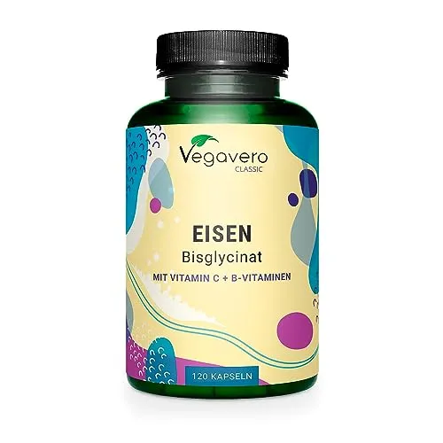 EISEN BISGLYCINAT Vegavero® | 30 mg Eisen | Mit natürlichem Vitamin C, Folsäure Quatrefolic®, Vitamin B12, B6 & B2 | VEGAN & Ohne Zusätze | 120 Kapseln