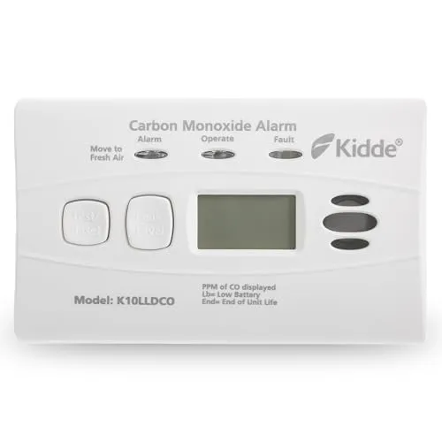Kidde 10LLDCO Kohlenmonoxid Alarm - CO-Melder mit digitalem Display, das den aktuellen CO-Wert ab 10 ppm anzeigt, und einer 10 Jahre versiegelten Batterie für langfristige Sicherheit.