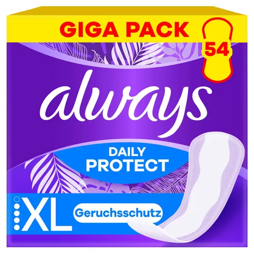 Always Slipeinlage Daily Protect Extra Long mit leichtem Duft - Gigapack 54 Stück - Slipeinlagen für langanhaltenden Schutz und Geruchsneutralisierung, ideal für den täglichen Gebrauch und besonders sanft zur Haut.