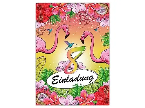 Limonia 12 Einladungskarten zum 8. Geburtstag Einladung Kindergeburtstag Mädchen Karten Flamingo Kolibri Papagei Tropen Palmen