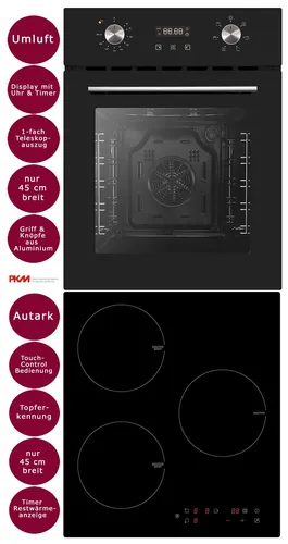 PKM Induktions Herd-Set 45 cm - Kompaktes Herd-Set mit 45 cm Breite, inkl. Induktionskochfeld und Backofen mit Umluft und 1-fach-Teleskopauszug für effizientes Kochen und Backen.