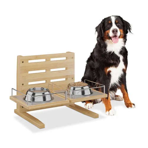 Futterstation Hundefutterbar aus Bambus - Elegante Napfhalterung für Hunde mit 2 Näpfen, höhenverstellbar für eine gesunde Fresshaltung, ideal für kleine bis große Hunde.