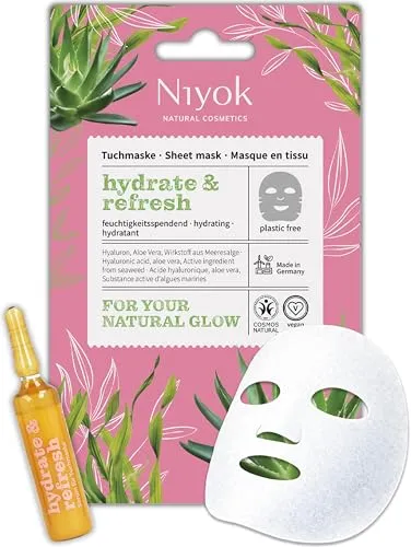Niyok Feuchtigkeitsspendende Tuchmaske - Sofortfrischeeffekt mit Hyaluronsäure & Aloe Vera „Hydrate & Refresh“ aus kompostierbarer Pflanzenfaser | Vegan | COSMOS NATURAL | Made in Germany