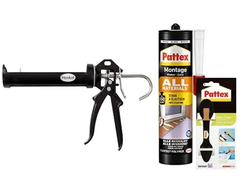 Pattex Montagekleber All Materials, stark haftender Kraftkleber für saugende und nichtsaugende Materialien (1x 450g) & Pattex Profi Metall Kartuschenpistole & Glätt-Cutter
