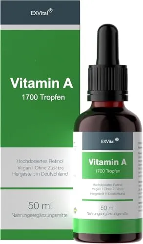 Vitamin A Tropfen von EXVital - 5000 I.E (1500 µg) pro Tagesdosis, 50 Ml= 1700 Tropfen, laborgeprüft, hochdosiertes Retinol - Vegan - Vitamin A flüssig Liquid
