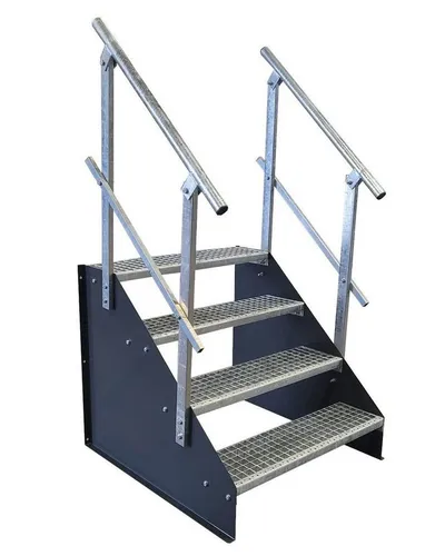 SRM Design Außentreppe 4 Stufen mit Geländer – anthrazit - Freistehende Standtreppe mit 4 Stufen, ideal für Garten oder Gewerbe. Breite 130 cm, Höhe 84 cm, mit beidseitigem Geländer für zusätzliche Sicherheit. Robuste, feuerverzinkte Stahlkonstruktion für langlebigen Einsatz.