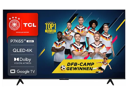 Smart TV TCL 65P7K 65" 4K Ultra HD HDR QLED - Fernseher mit 65" Bildschirm, 4K Ultra HD und HDR für atemberaubende Bildqualität. Genießen Sie Smart TV-Funktionen und nahtlose Konnektivität mit Google TV und Apple AirPlay.